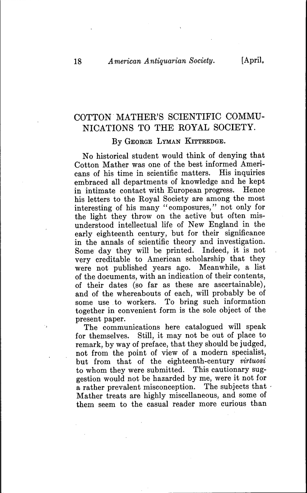 Cotton Mather's Scientific Commu- Nications to the Royal Society