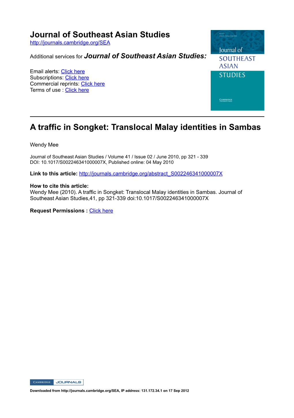 Journal of Southeast Asian Studies a Traffic in Songket: Translocal Malay