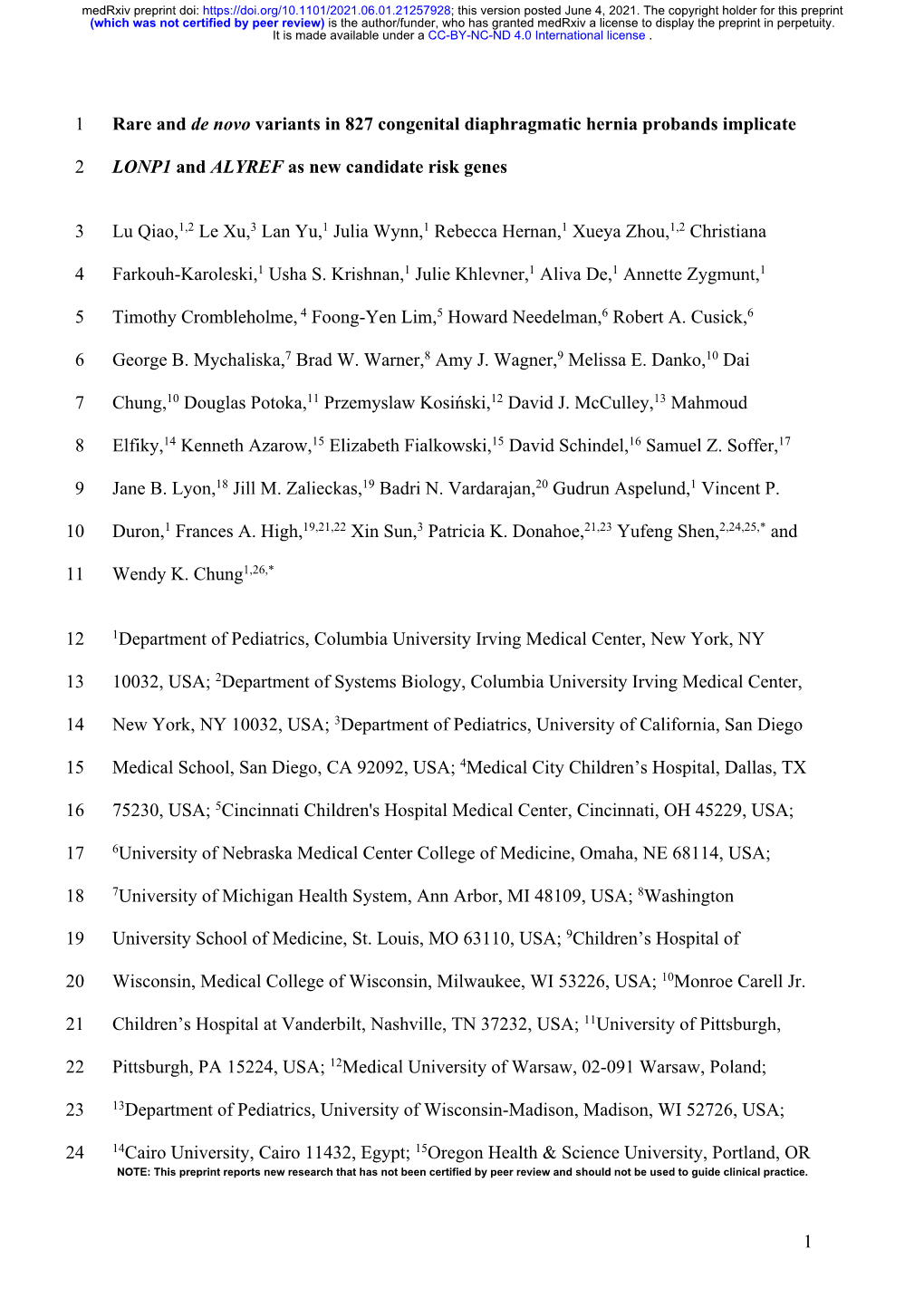 Rare and De Novo Variants in 827 Congenital Diaphragmatic Hernia Probands Implicate