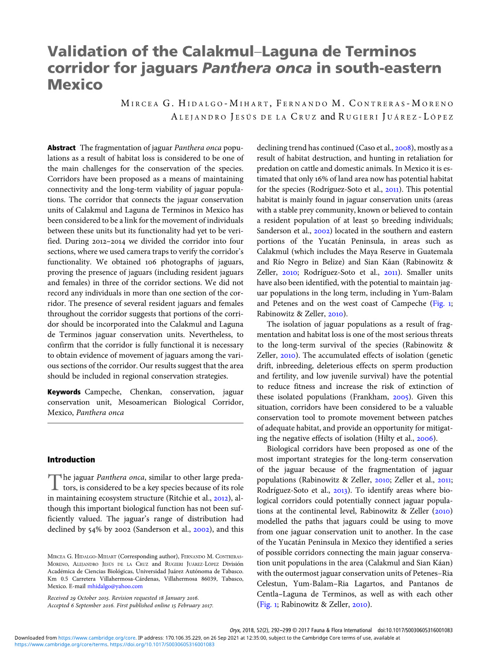 Validation of the Calakmul–Laguna De Terminos Corridor for Jaguars Panthera Onca in South-Eastern Mexico