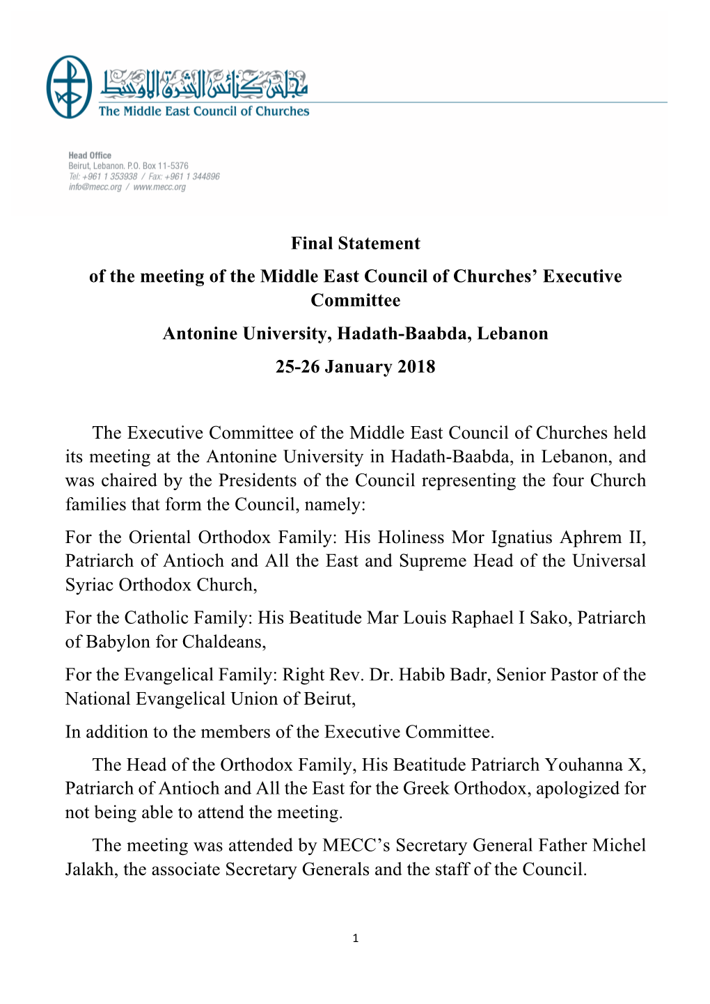 Final Statement of the Meeting of the Middle East Council of Churches’ Executive Committee Antonine University, Hadath-Baabda, Lebanon 25-26 January 2018