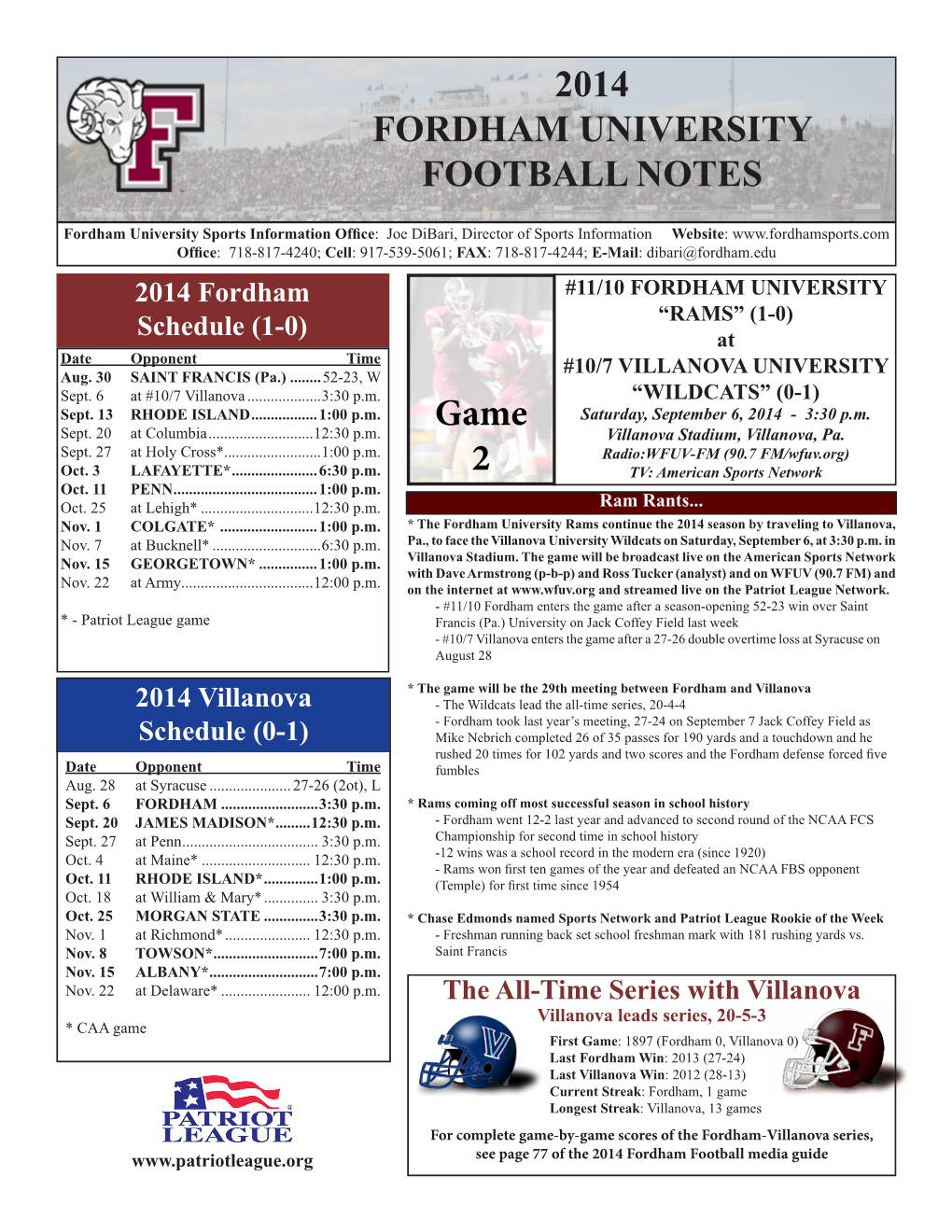 2014 FORDHAM UNIVERSITY FOOTBALL NOTES Game 2