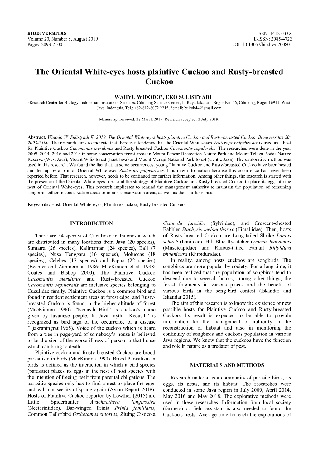 The Oriental White-Eyes Hosts Plaintive Cuckoo and Rusty-Breasted Cuckoo