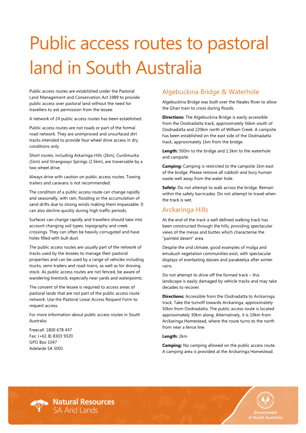Public Access Routes to Pastoral Land in South Australia