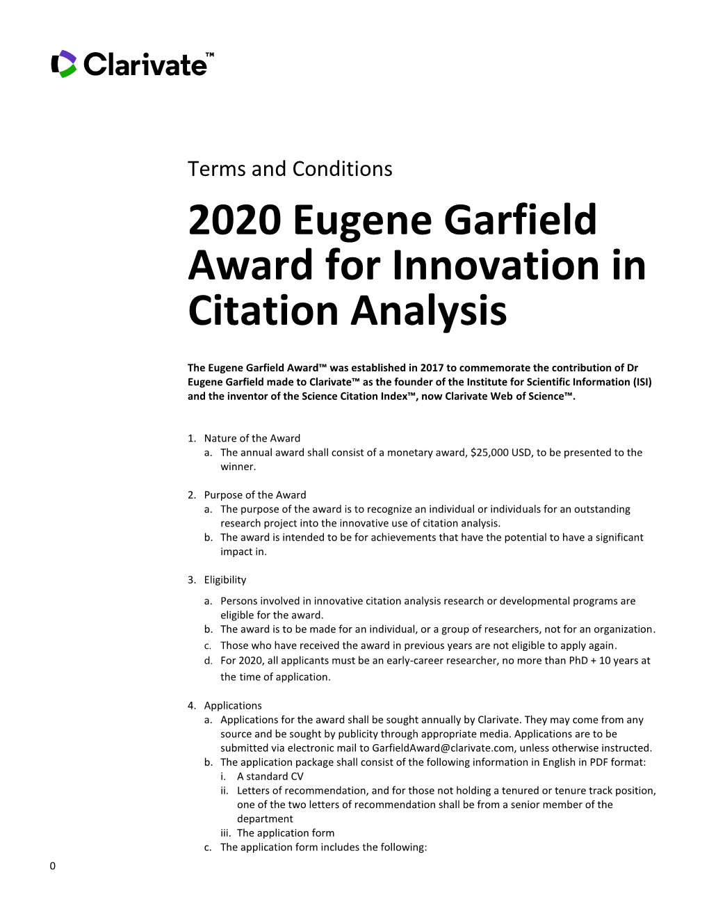 2020 Eugene Garfield Award for Innovation in Citation Analysis