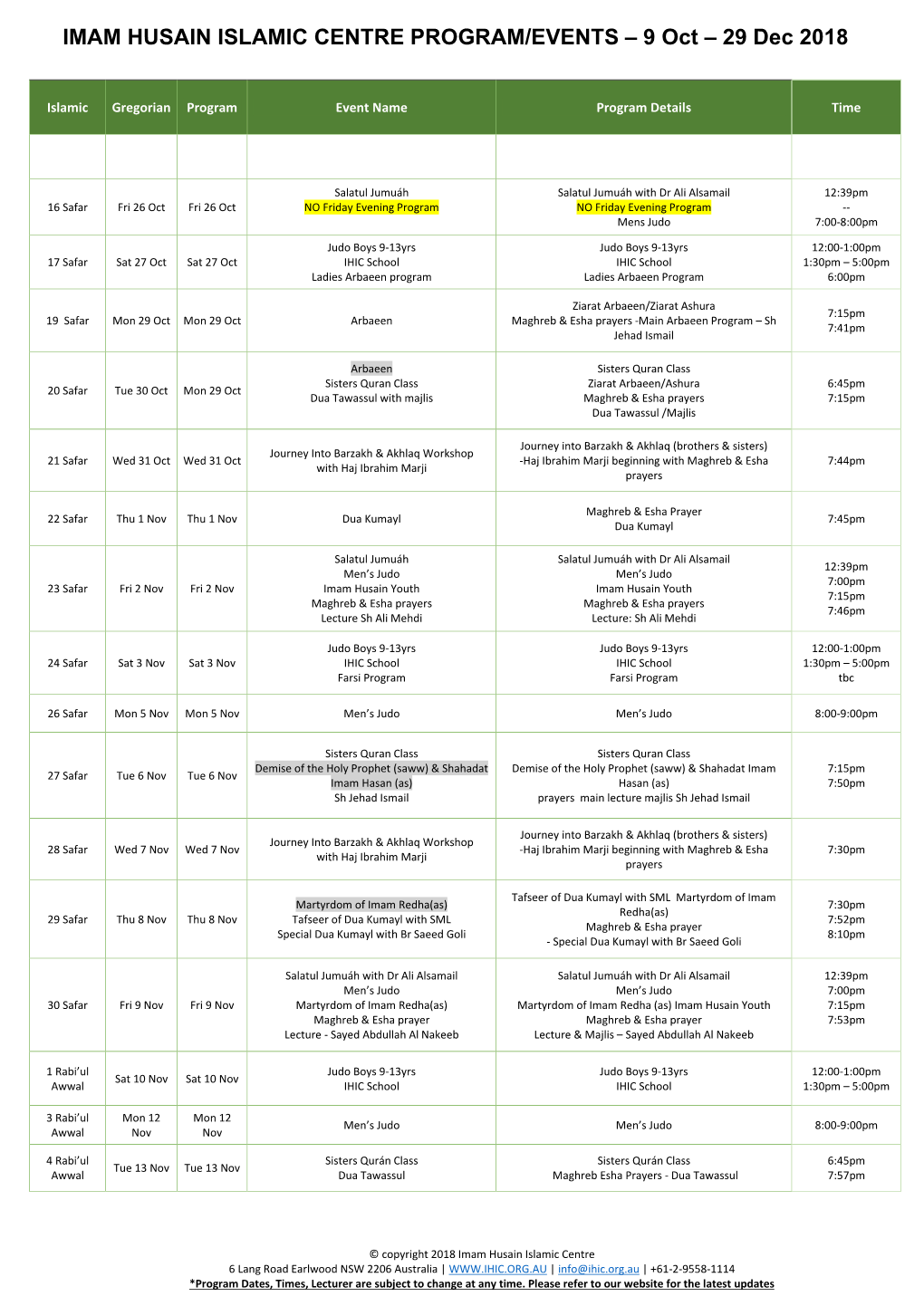 IMAM HUSAIN ISLAMIC CENTRE PROGRAM/EVENTS – 9 Oct – 29 Dec 2018