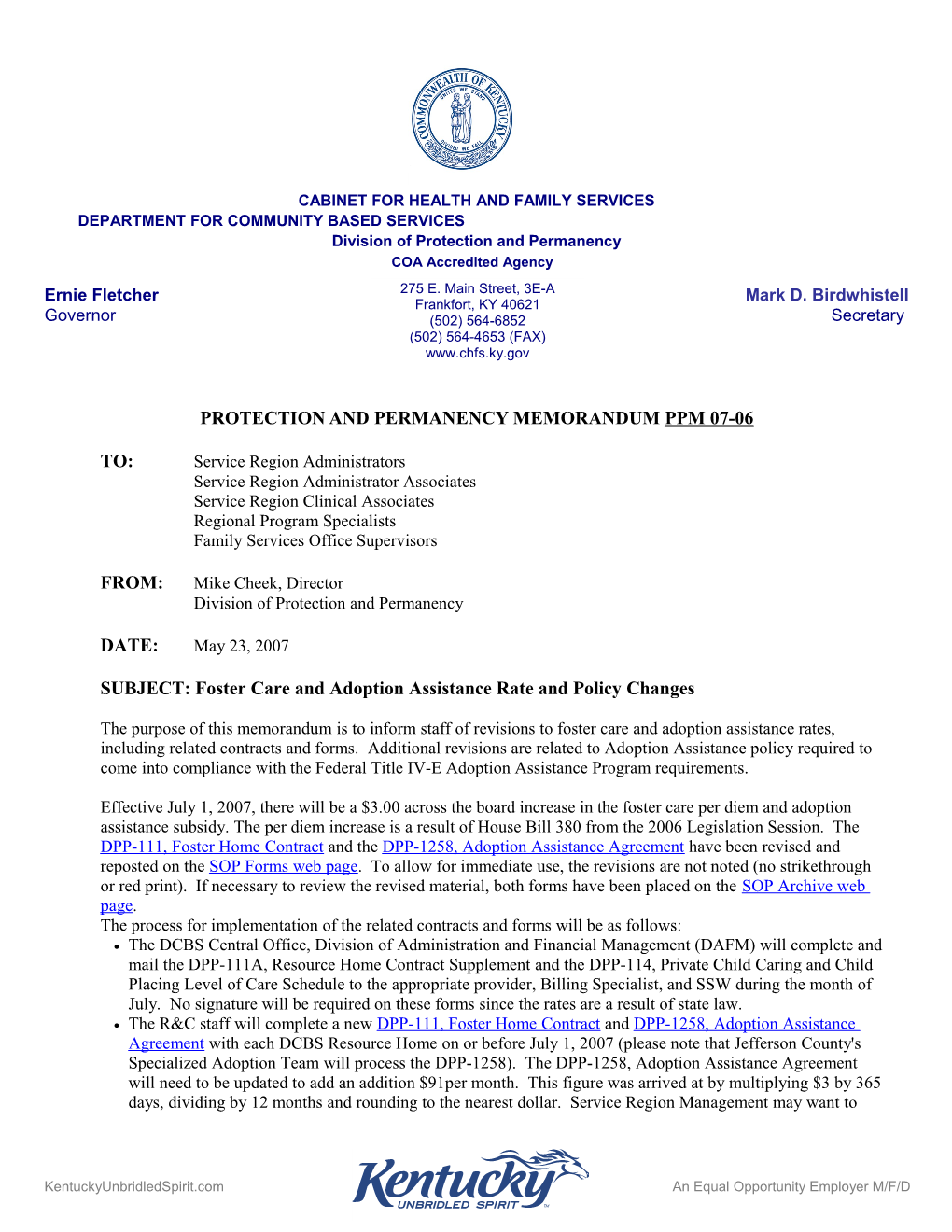 PPM 07-06 Foster Care and Adoption Assistance Rate and Policy Change