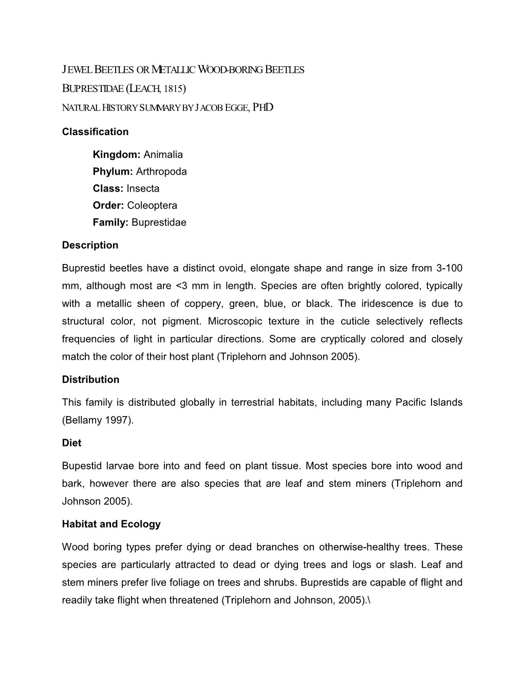Jewel Beetles Or Metallic Wood-Boring Beetles Buprestidae (Leach, 1815) Natural History Summary by Jacob Egge, Phd