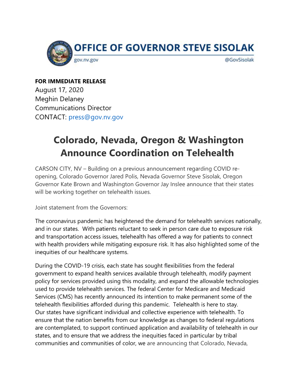 Press Release from Nevada Governor Steve Sisolak