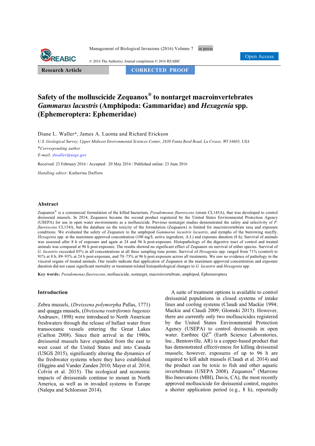 Safety of the Molluscicide Zequanox® to Nontarget Macroinvertebrates Gammarus Lacustris (Amphipoda: Gammaridae) and Hexagenia Spp