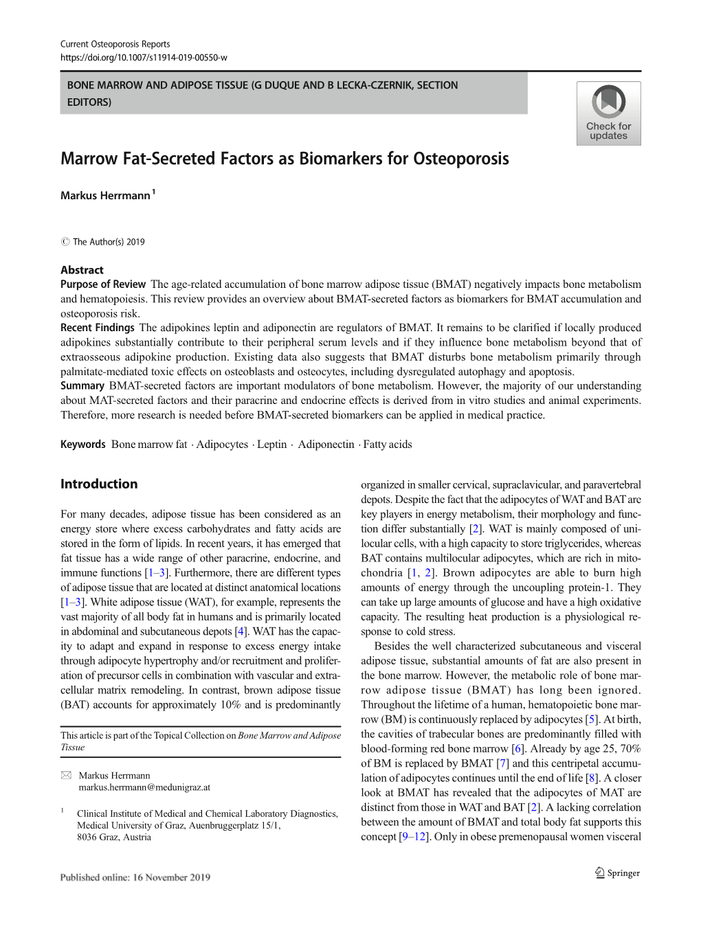 Marrow Fat-Secreted Factors As Biomarkers for Osteoporosis