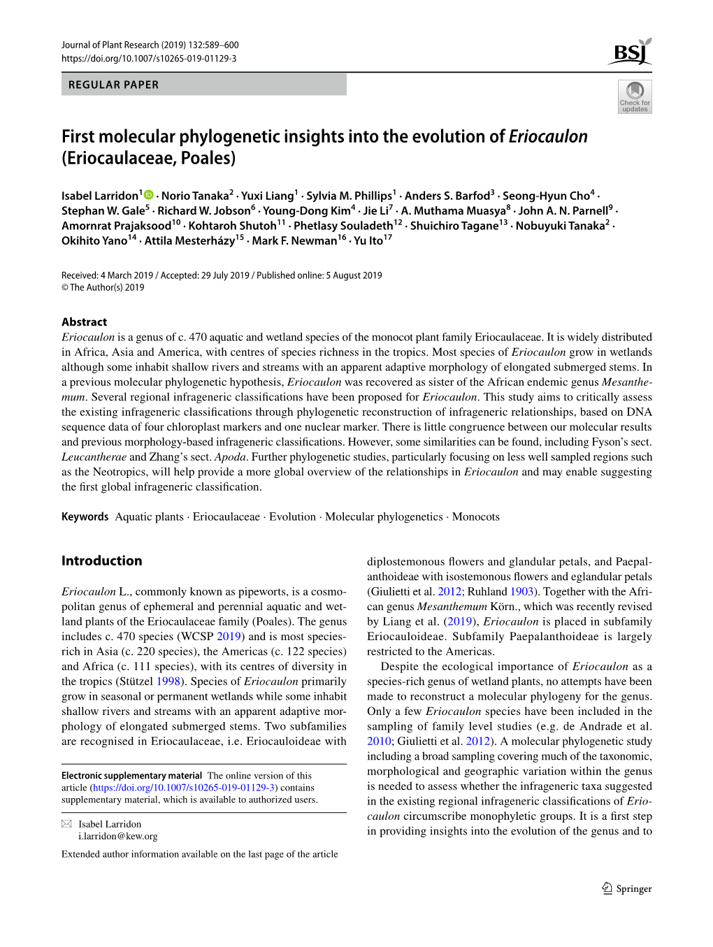 First Molecular Phylogenetic Insights Into the Evolution of Eriocaulon (Eriocaulaceae, Poales)