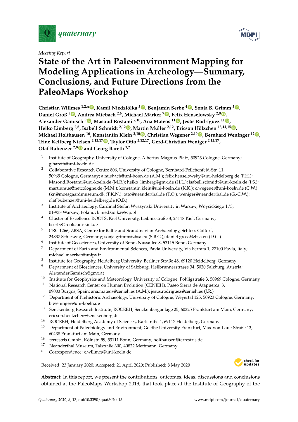 State of the Art in Paleoenvironment Mapping for Modeling Applications in Archeology—Summary, Conclusions, and Future Directions from the Paleomaps Workshop