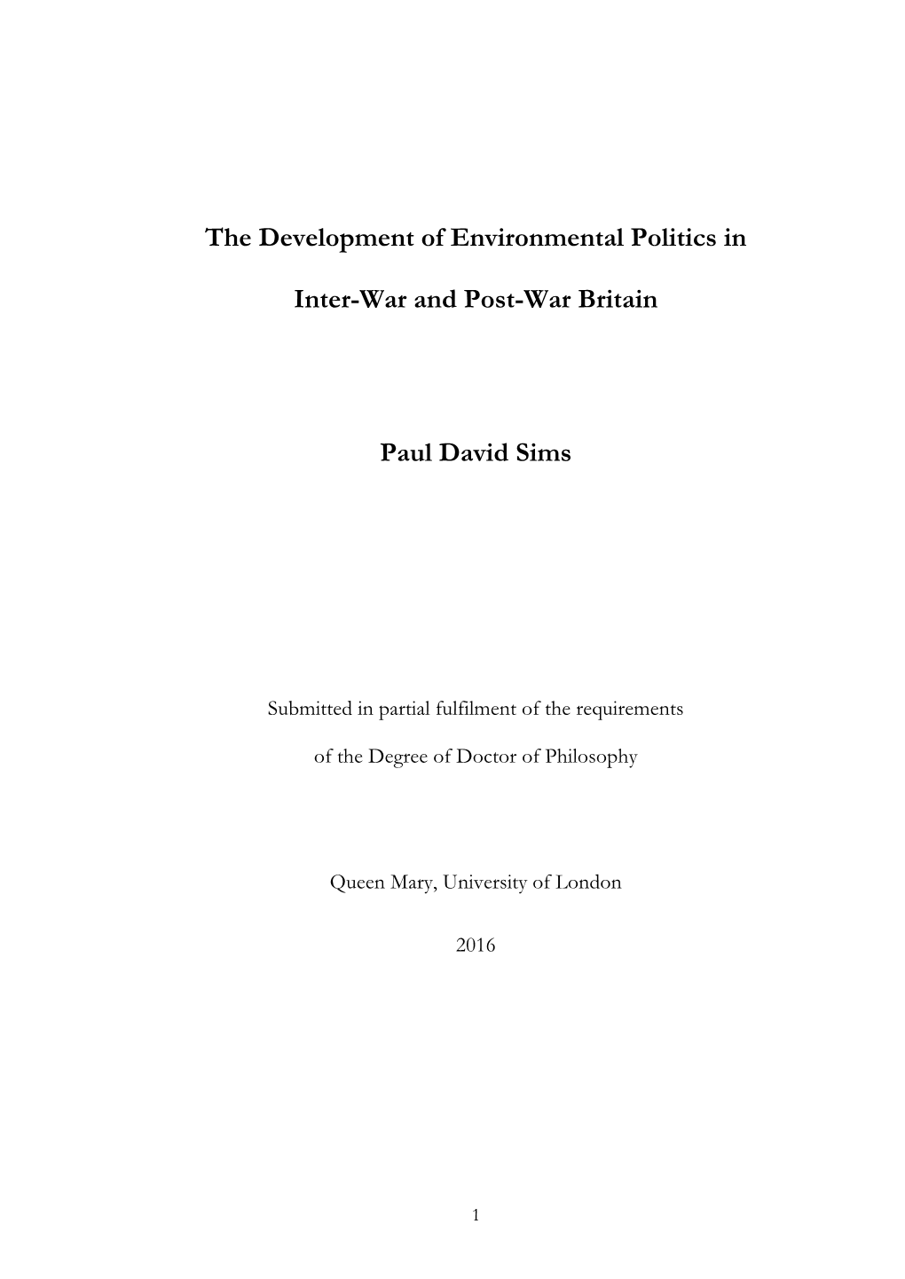 The Development of Environmental Politics in Inter-War and Post-War