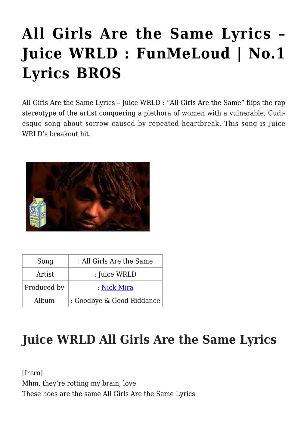 All Girls Are the Same Lyrics &#8211; Juice WRLD