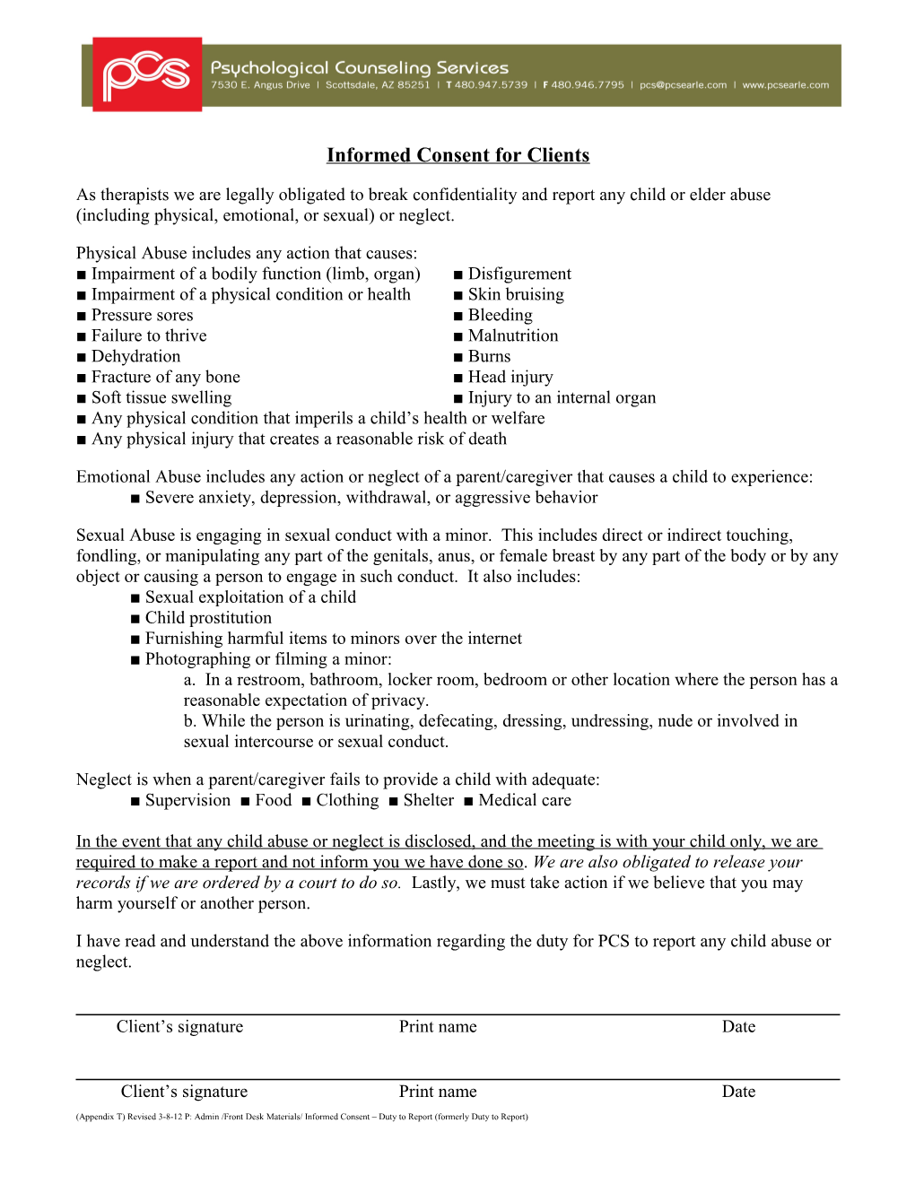 Client Information Sheet on Therapist S Duty to Report Child Abuse Or Neglect