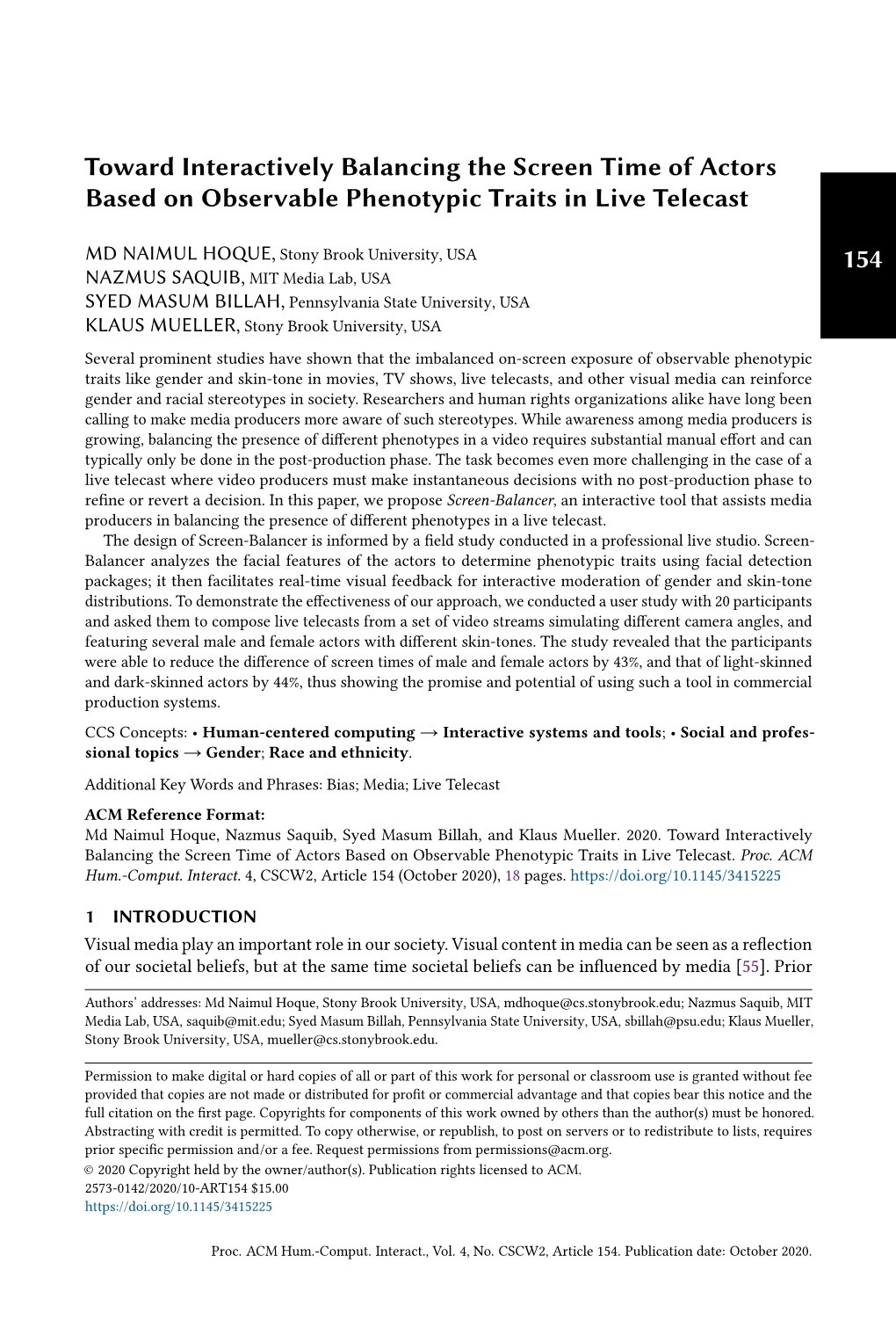 Toward Interactively Balancing the Screen Time of Actors Based on Observable Phenotypic Traits in Live Telecast