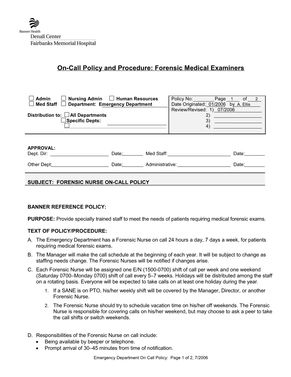 On Call Policy and Procedure: Forensic Medical Examiners