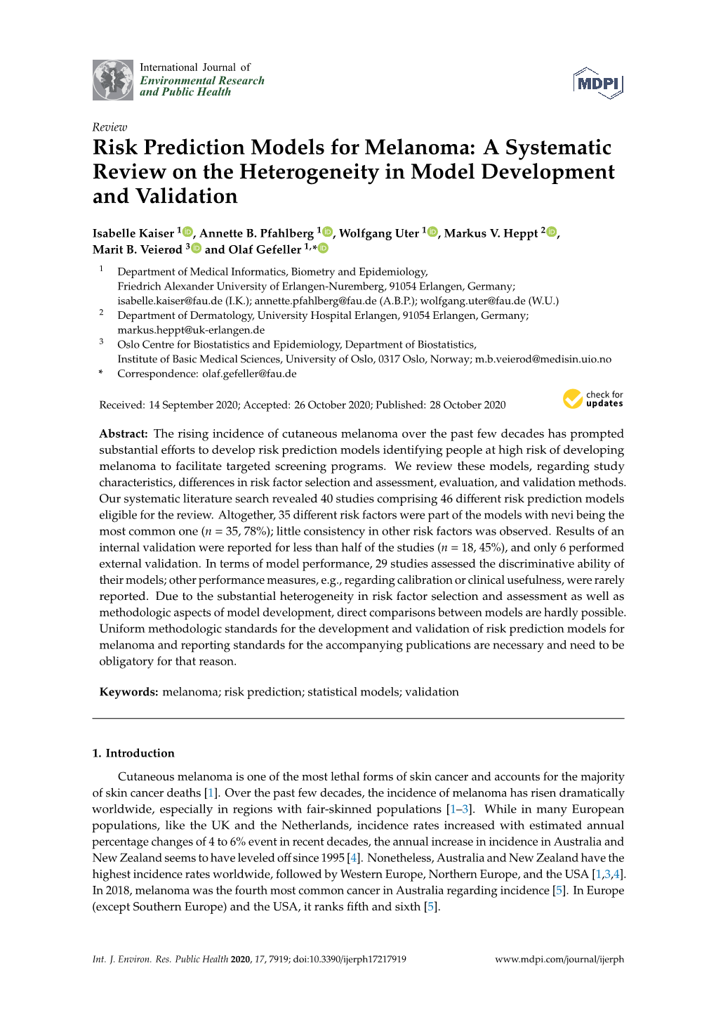 Risk Prediction Models for Melanoma: a Systematic Review on the Heterogeneity in Model Development and Validation