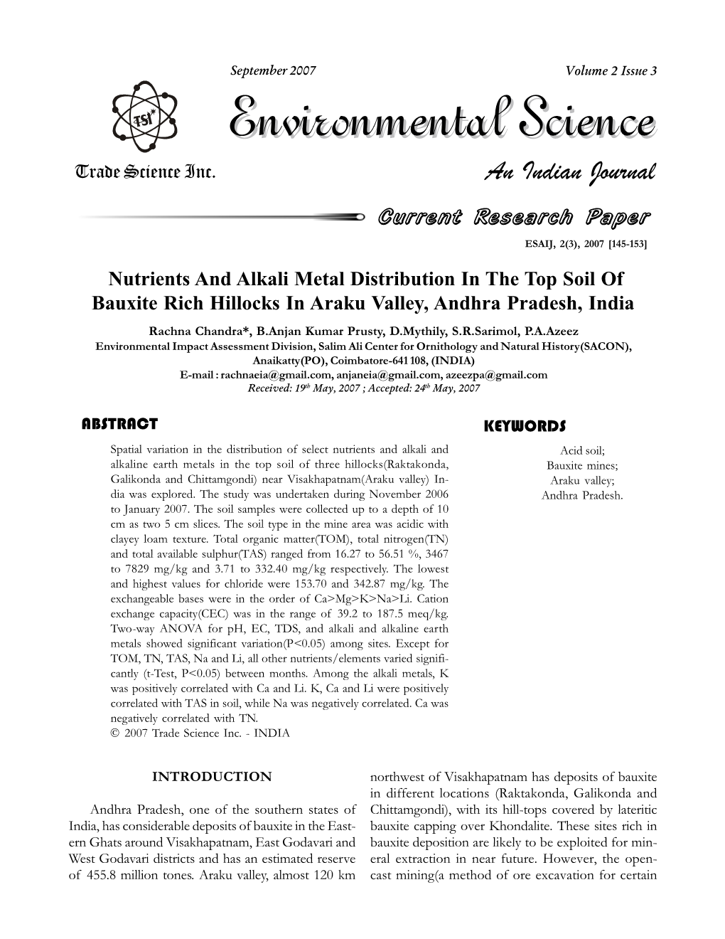 Nutrients and Alkali Metal Distribution in the Top Soil of Bauxite Rich Hillocks in Araku Valley