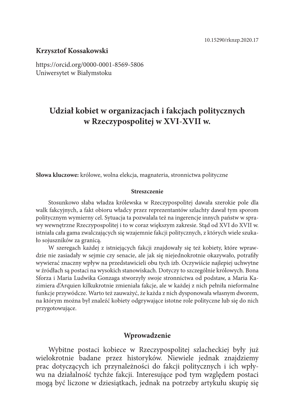 Udział Kobiet W Organizacjach I Fakcjach Politycznych W ­Rzeczypospolitej W XVI-XVII W