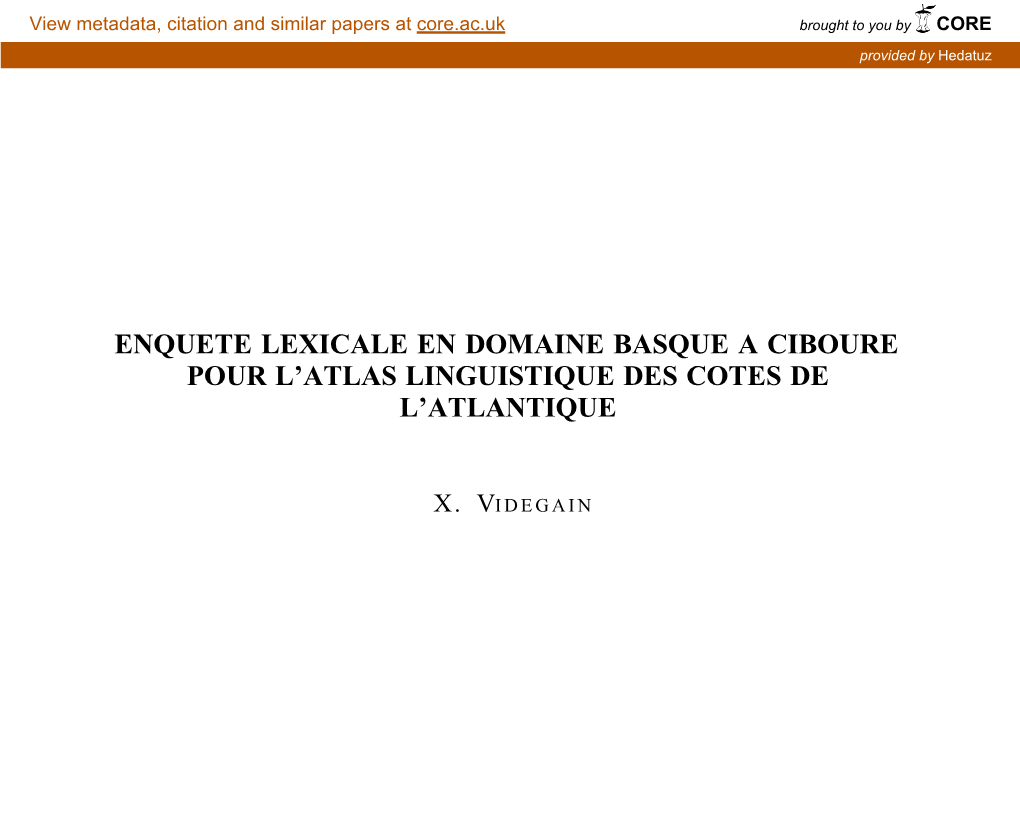 Enquete Lexicale En Domaine Basque a Ciboure Pour L'atlas Linguistique Des Côtes De L'atlantique