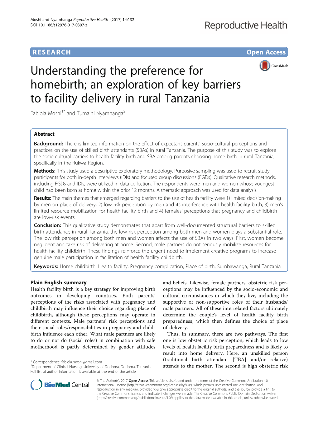 An Exploration of Key Barriers to Facility Delivery in Rural Tanzania Fabiola Moshi1* and Tumaini Nyamhanga2