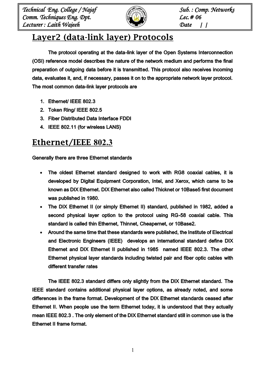 Layer2 (Data-Link Layer) Protocols Ethernet/IEEE 802.3