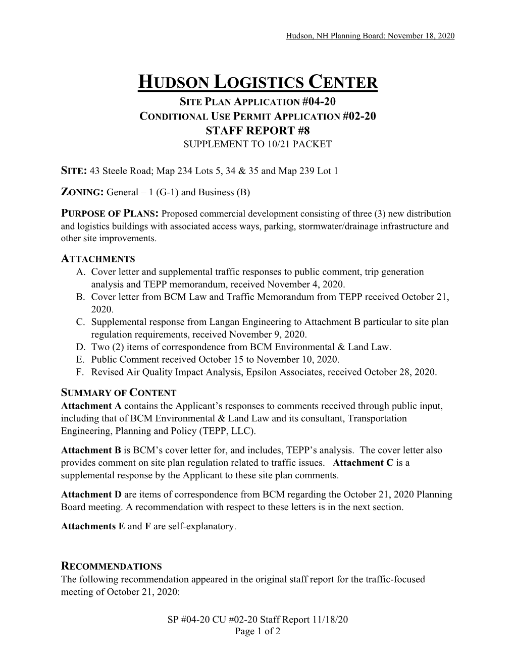 Hudson Logistics Center Site Plan Application #04-20 Conditional Use Permit Application #02-20 Staff Report #8 Supplement to 10/21 Packet