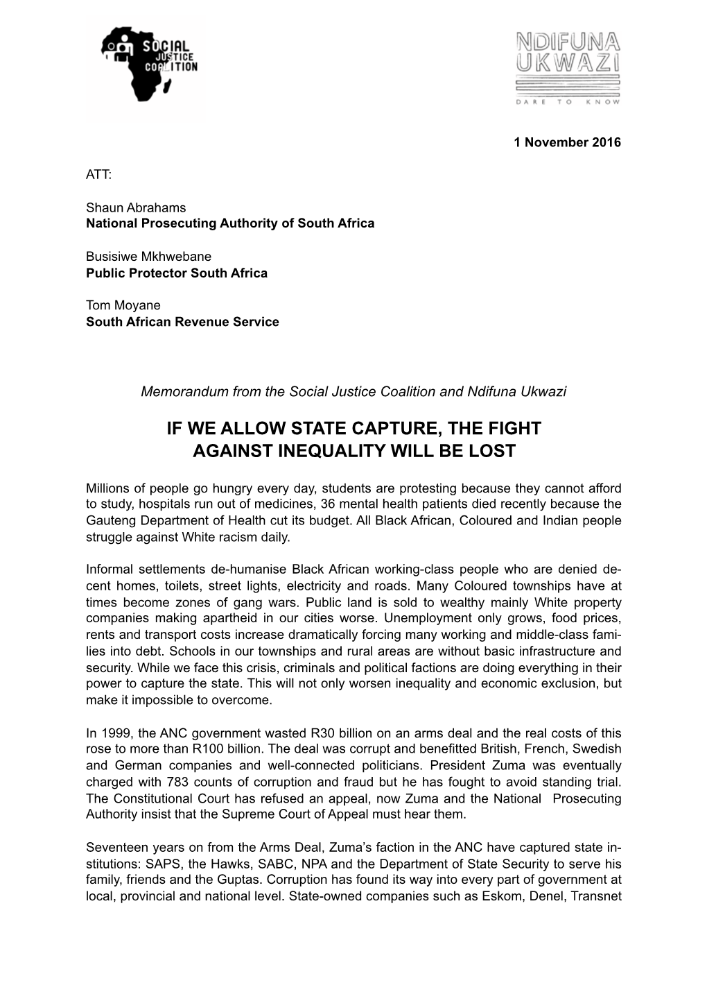 State Capture Memorandum 1 November 2016