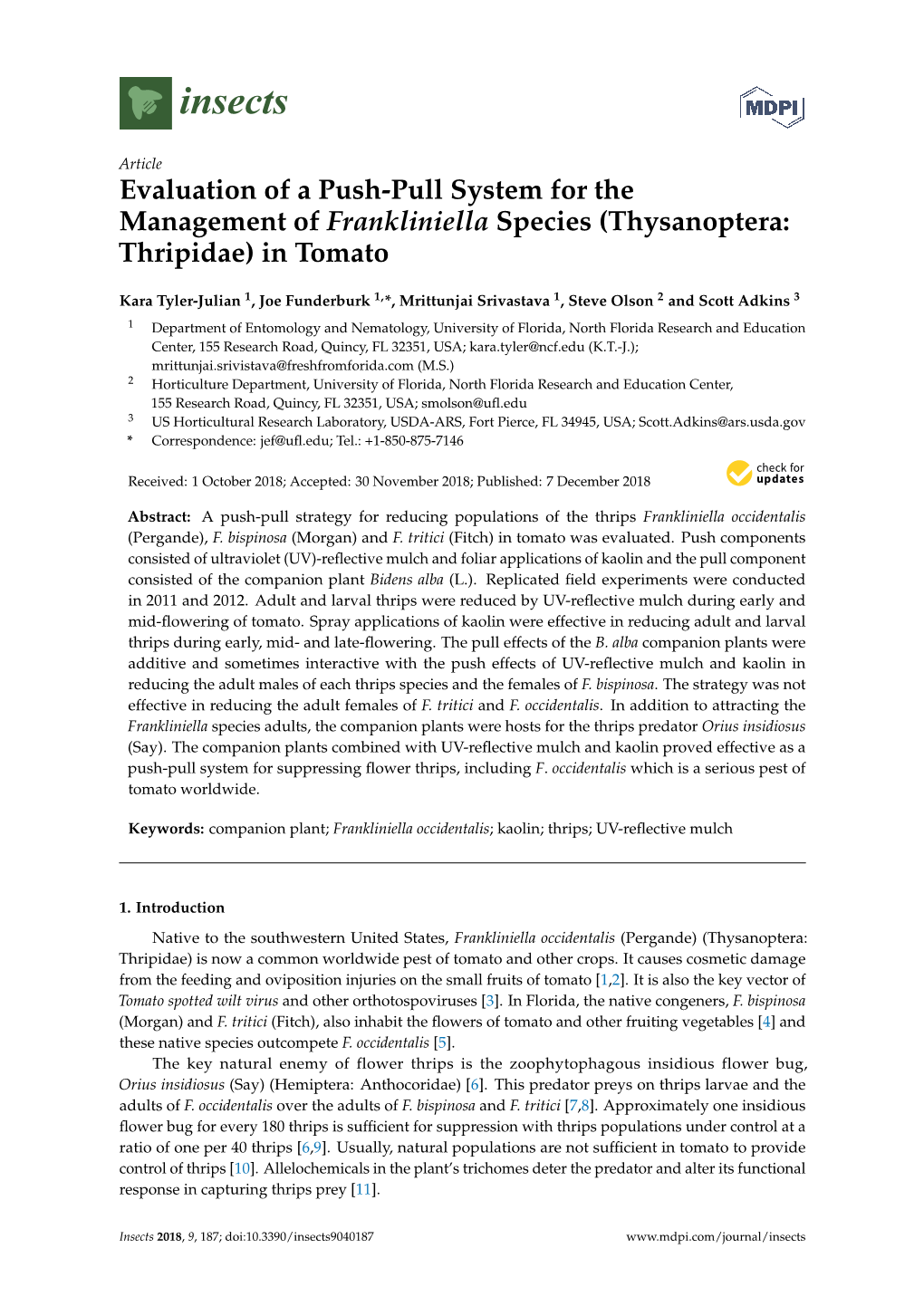 Evaluation of a Push-Pull System for the Management of Frankliniella Species (Thysanoptera: Thripidae) in Tomato