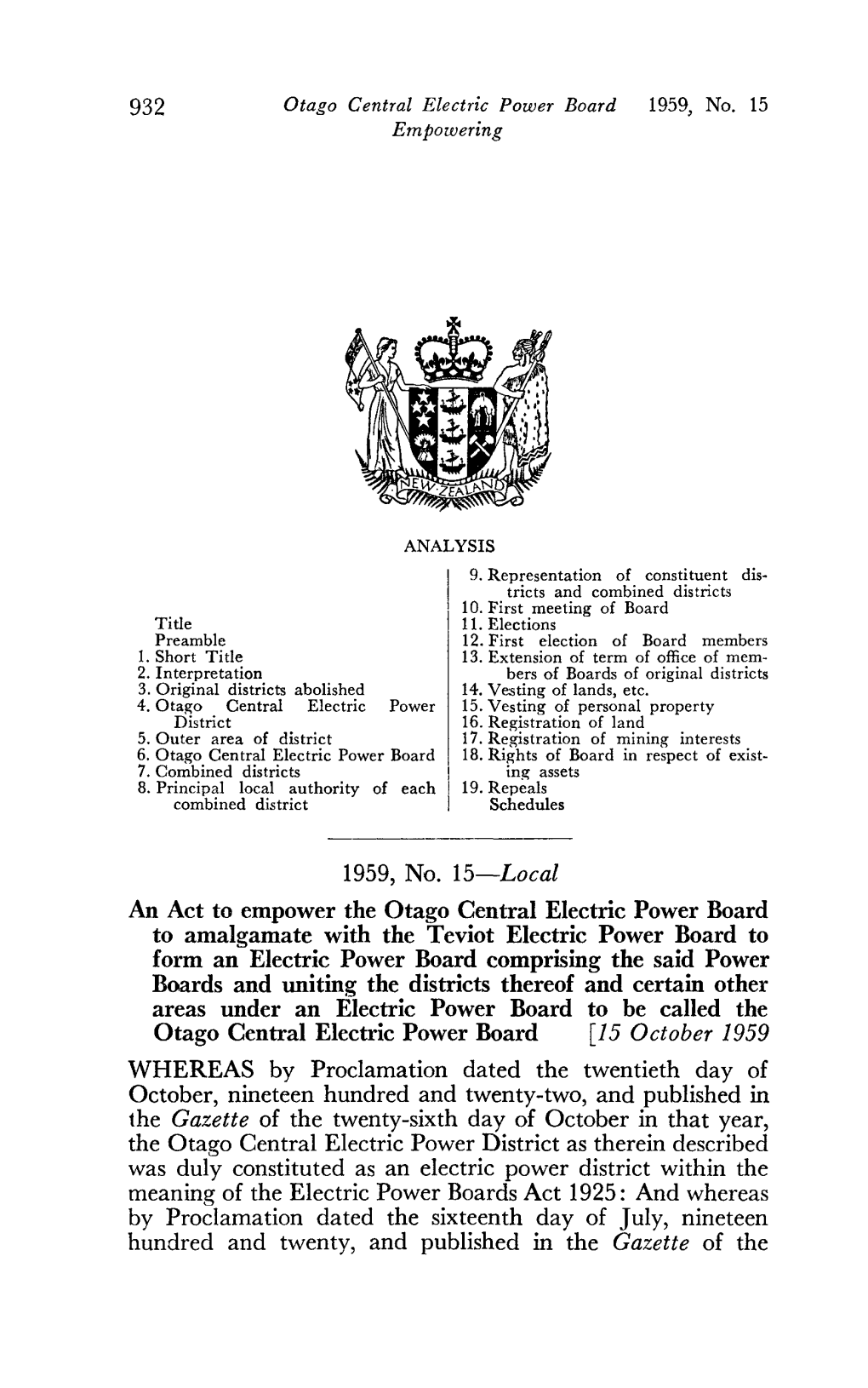 1959 No 15 Otago Central Electric Power Board Empowering