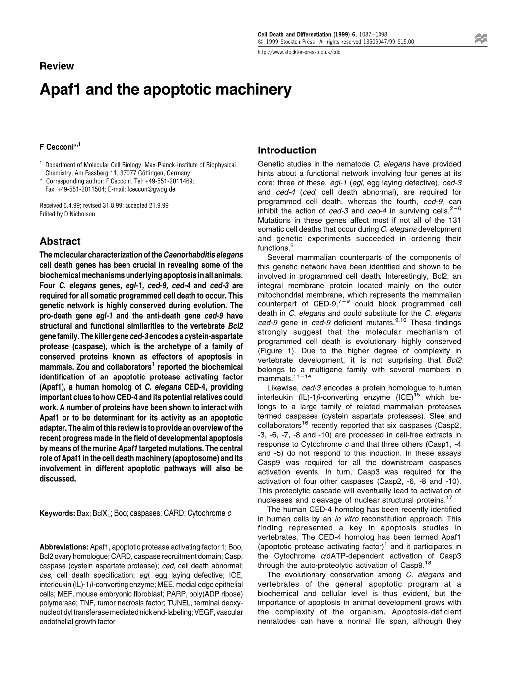 Apaf1 and the Apoptotic Machinery