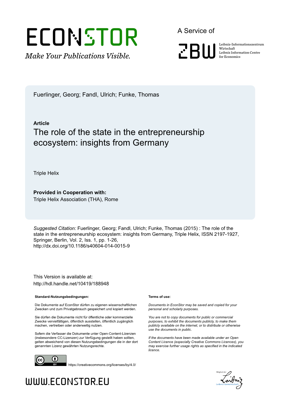 The Role of the State in the Entrepreneurship Ecosystem: Insights from Germany