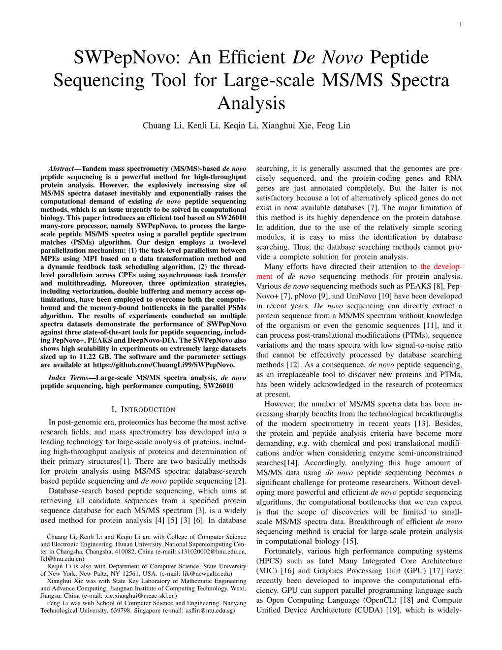 An Efficient De Novo Peptide Sequencing Tool for Large-Scale