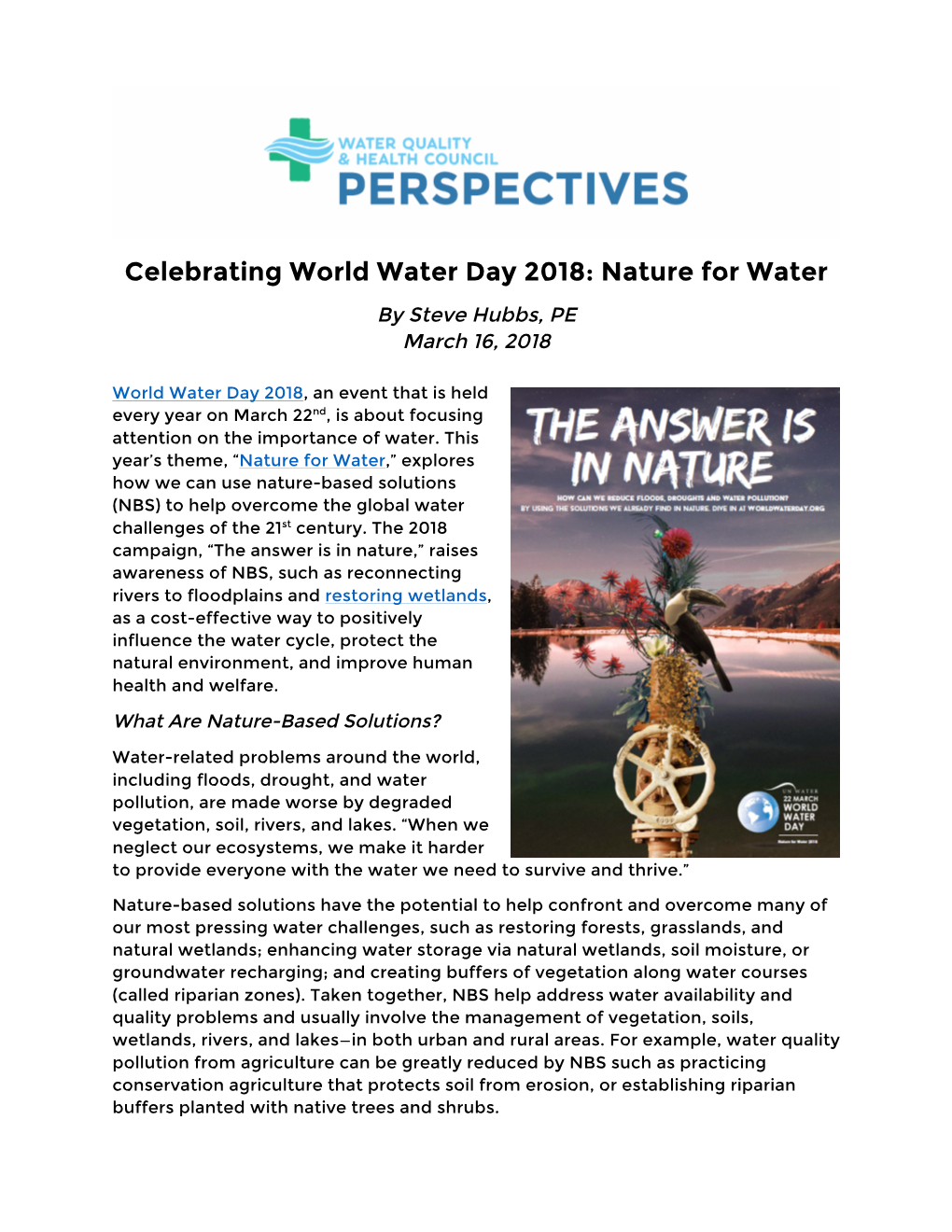 Celebrating World Water Day 2018: Nature for Water by Steve Hubbs, PE March 16, 2018