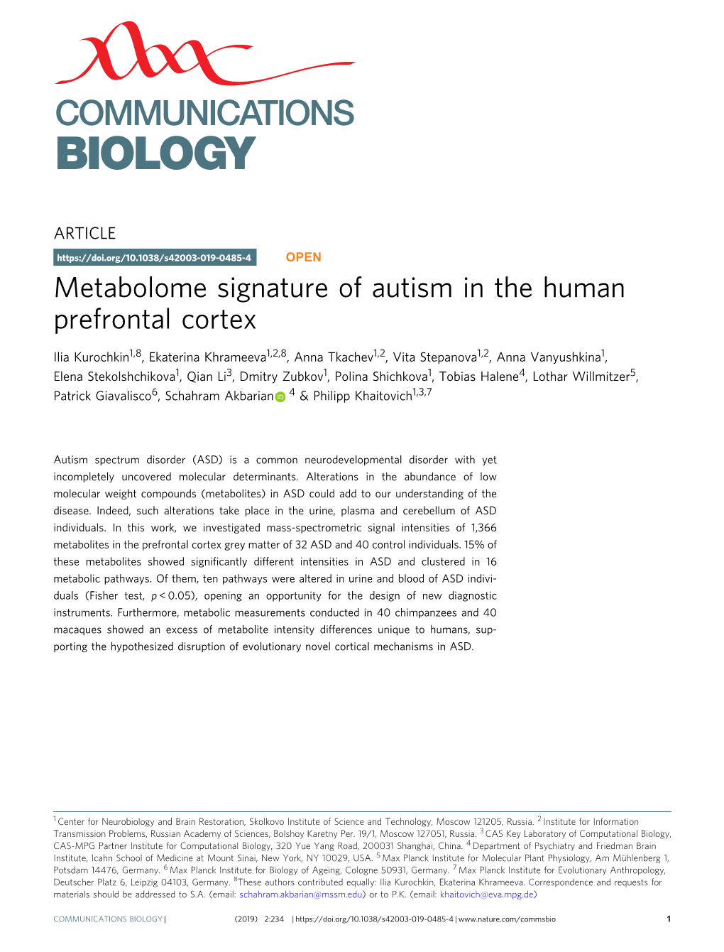 Metabolome Signature of Autism in the Human Prefrontal Cortex