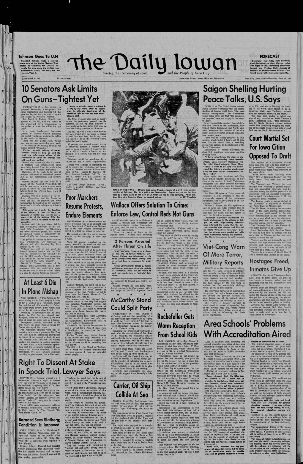 June 13, 1968 10 Sen~Tors Ask Limits Saigon Shelling Hurting on Guns-Tightest Yet Peace Talks, U.S