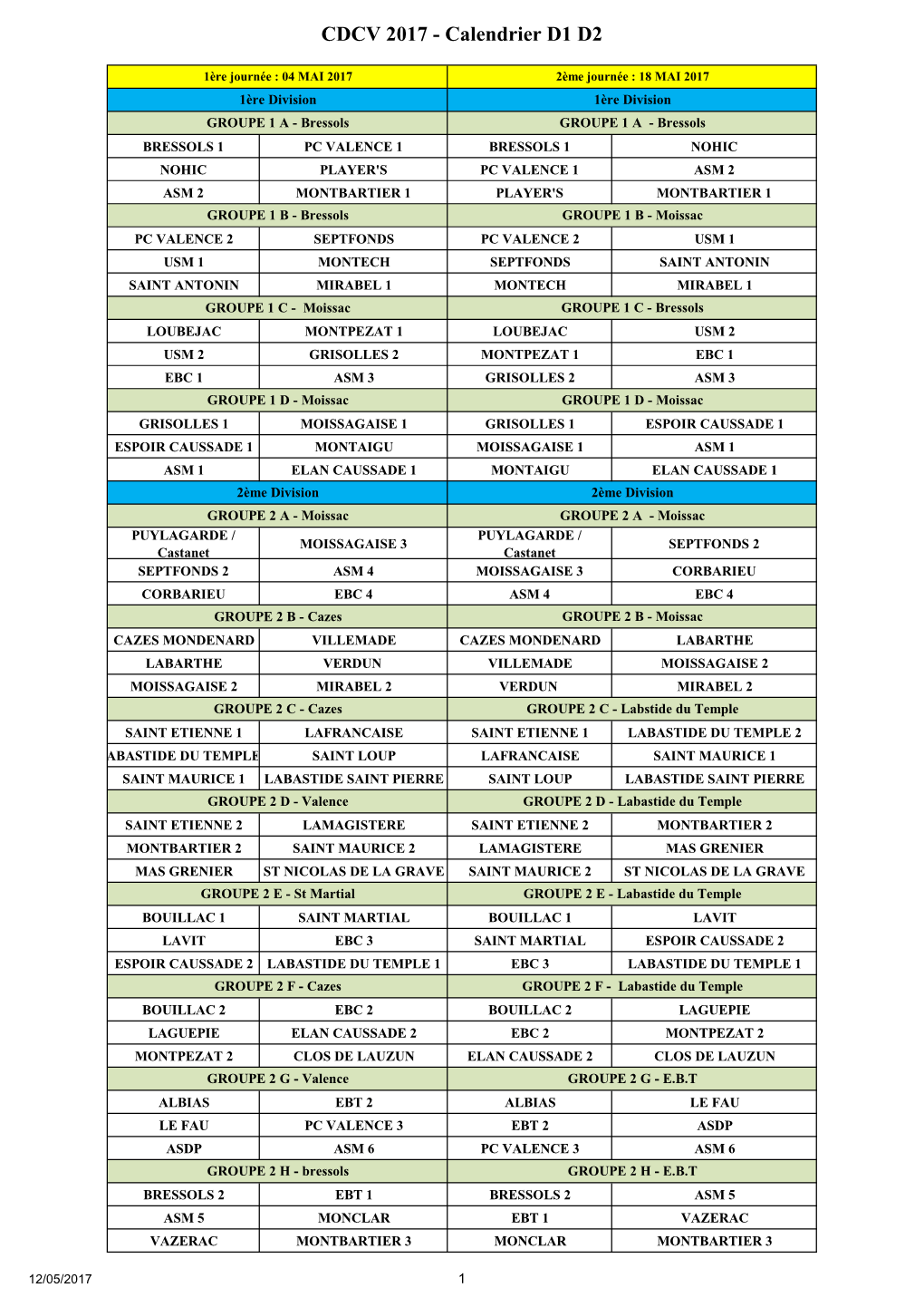 CDCV 2017 - Calendrier D1 D2