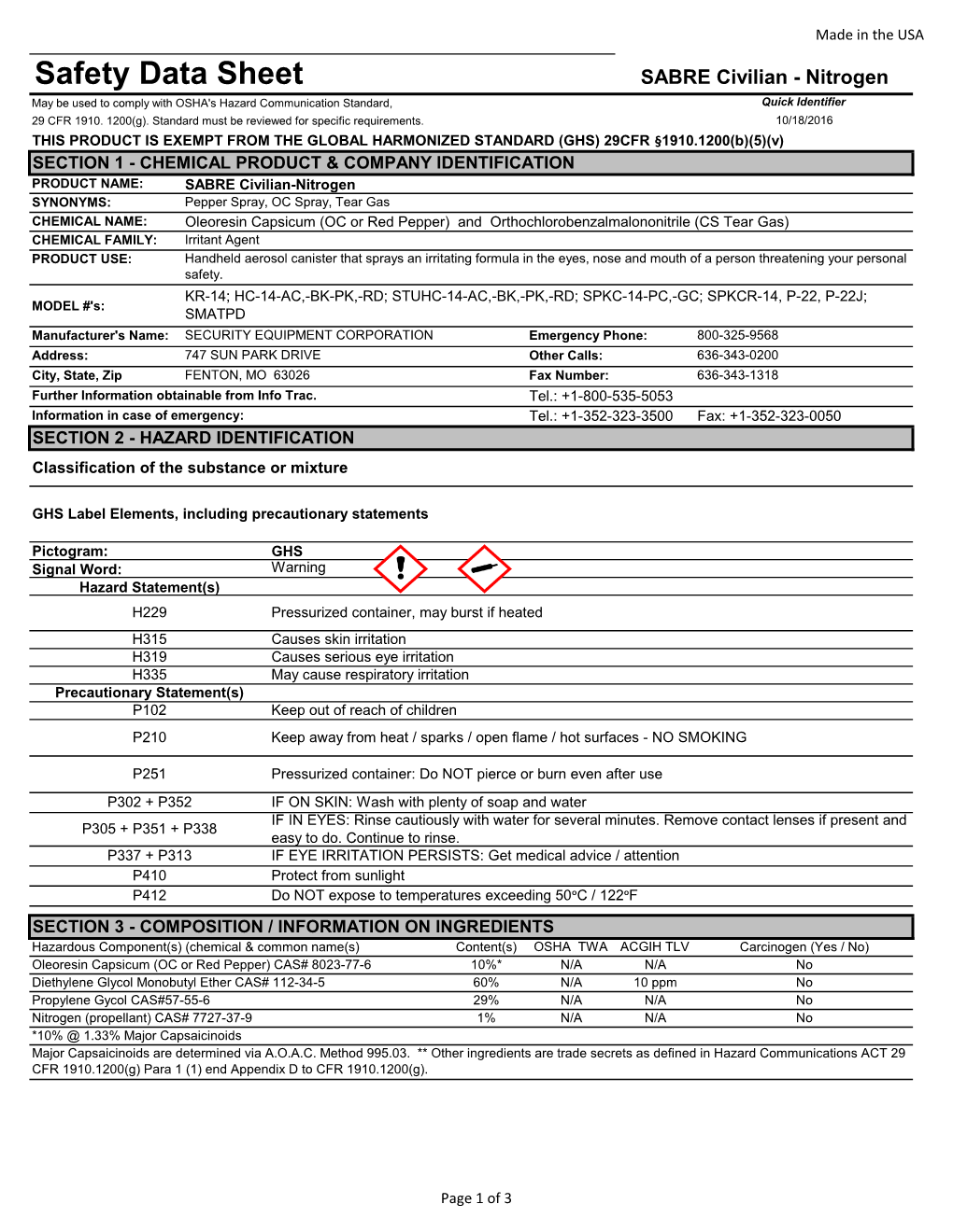 Safety Data Sheet SABRE Civilian - Nitrogen May Be Used to Comply with OSHA's Hazard Communication Standard, Quick Identifier 29 CFR 1910