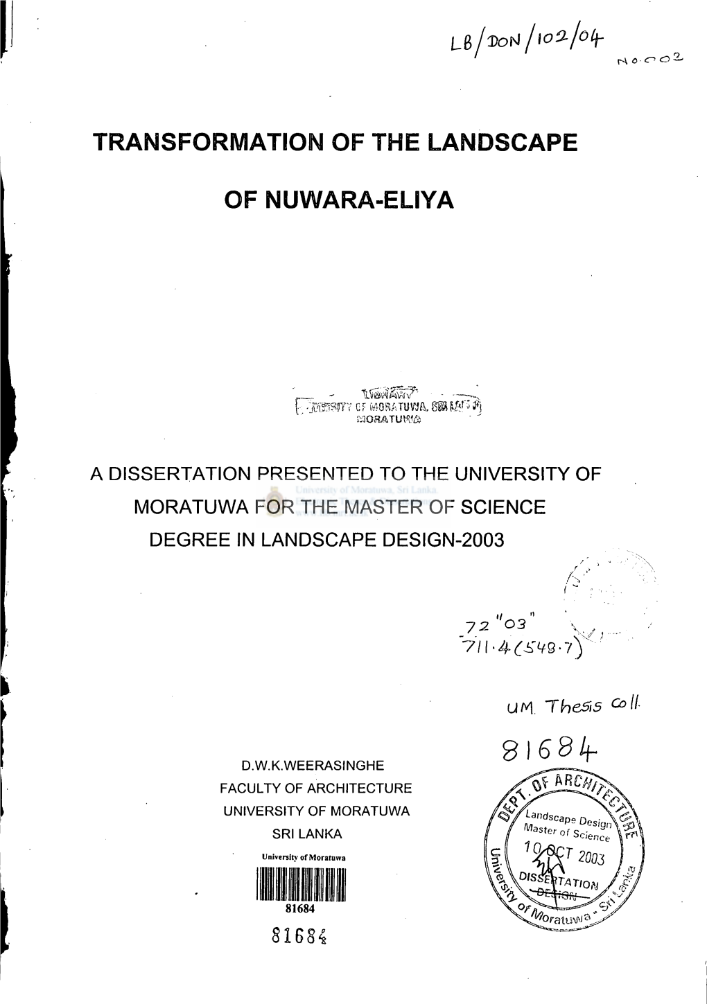 Transformation of the Landscape of Nuwara-Eliya