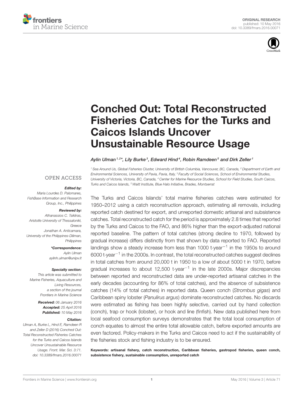 Conched Out: Total Reconstructed Fisheries Catches for the Turks and Caicos Islands Uncover Unsustainable Resource Usage