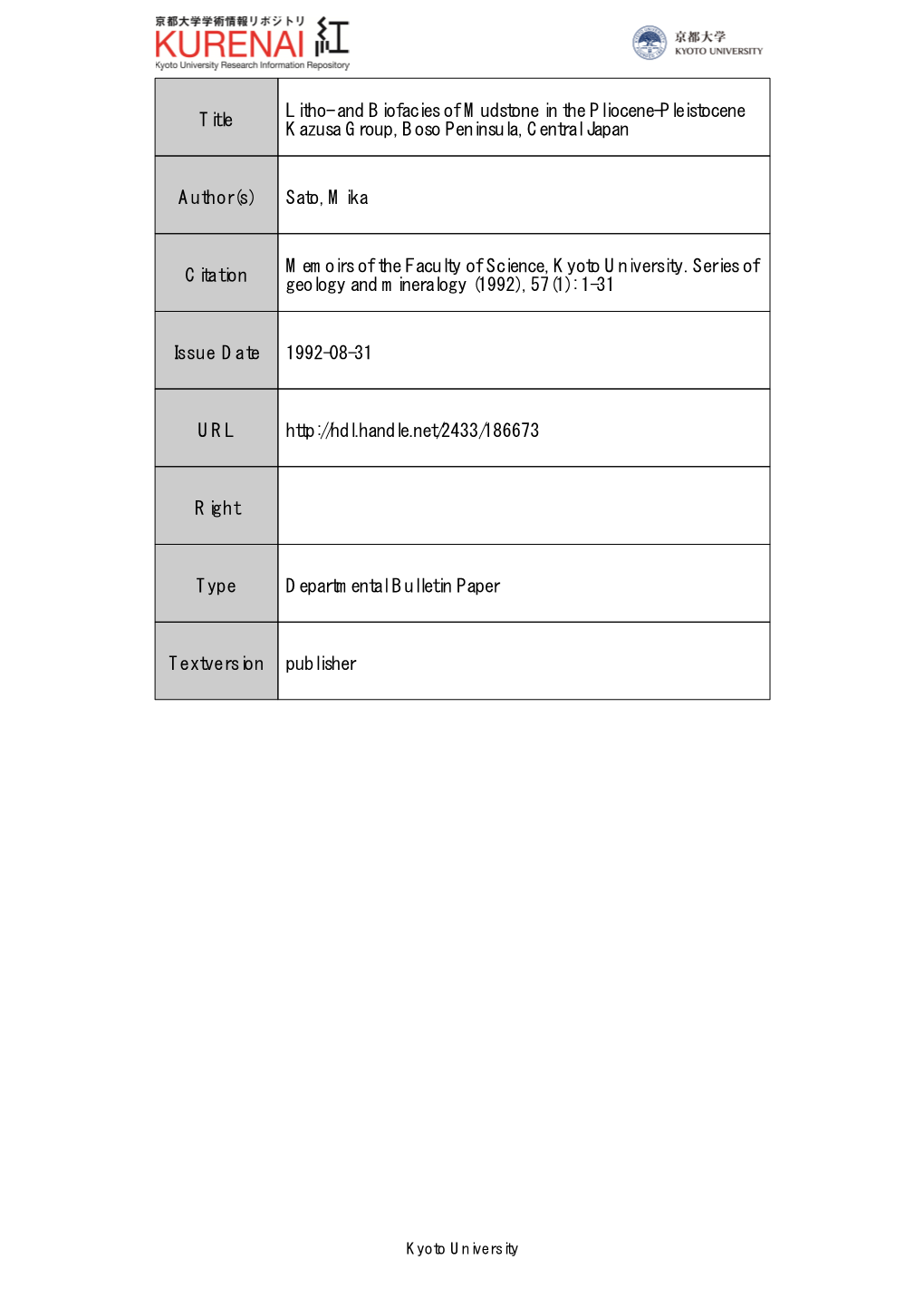 Title Litho- and Biofacies of Mudstone in the Pliocene-Pleistocene Kazusa