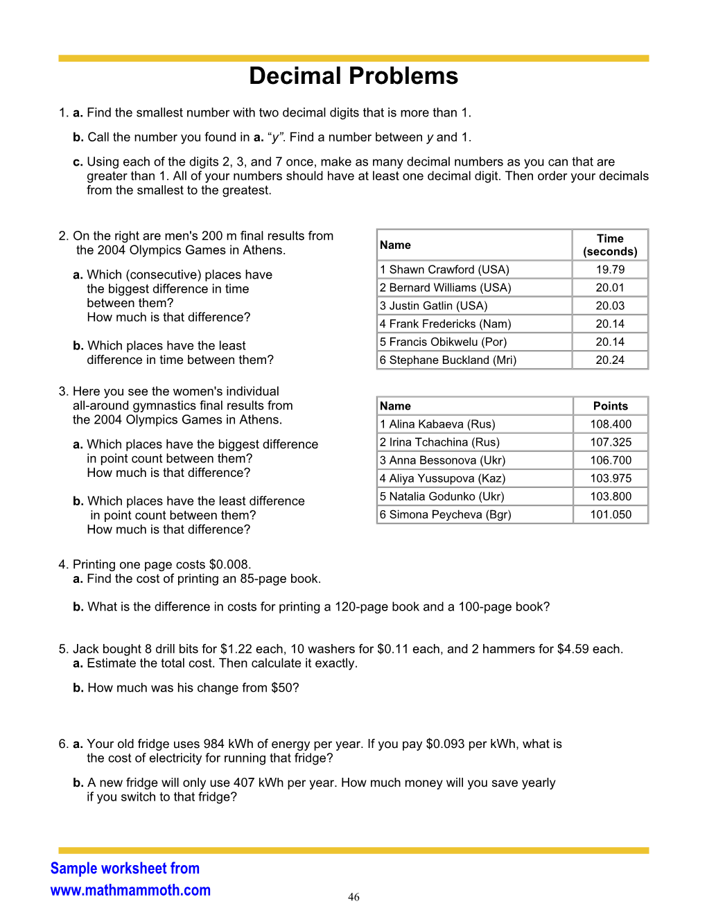 Decimal Word Problems