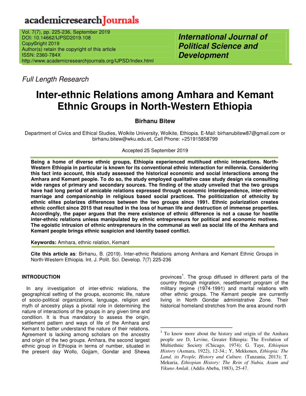 Inter-Ethnic Relations Among Amhara and Kemant Ethnic Groups in North-Western Ethiopia