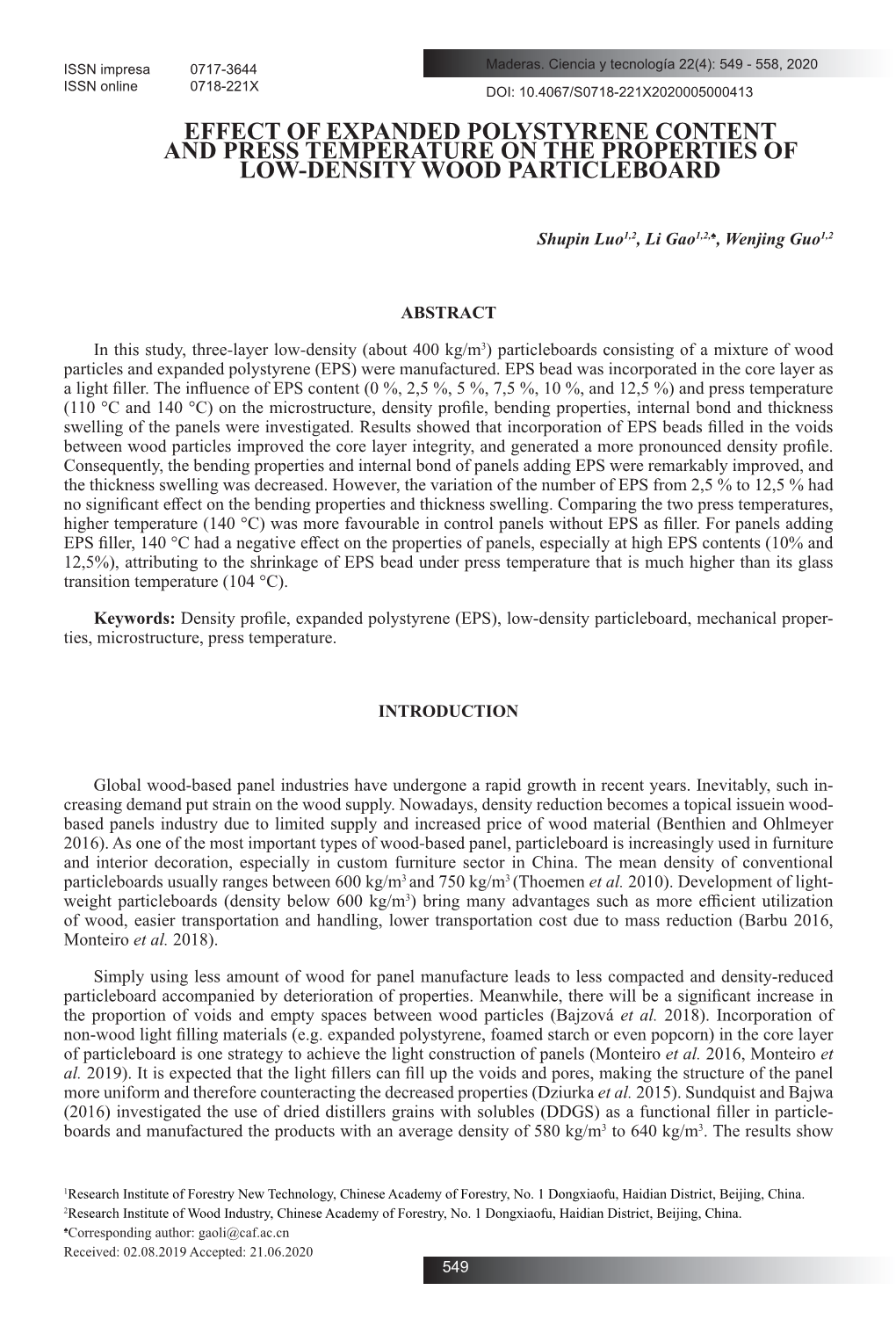 Effect of Expanded Polystyrene Content and Press Temperature on the Properties of Low-Density Wood Particleboard