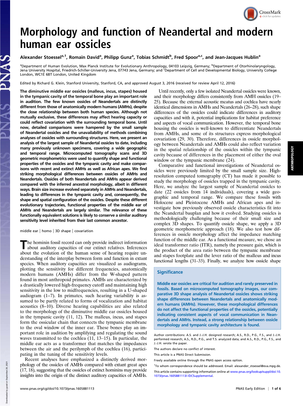 Morphology and Function of Neandertal and Modern Human Ear Ossicles