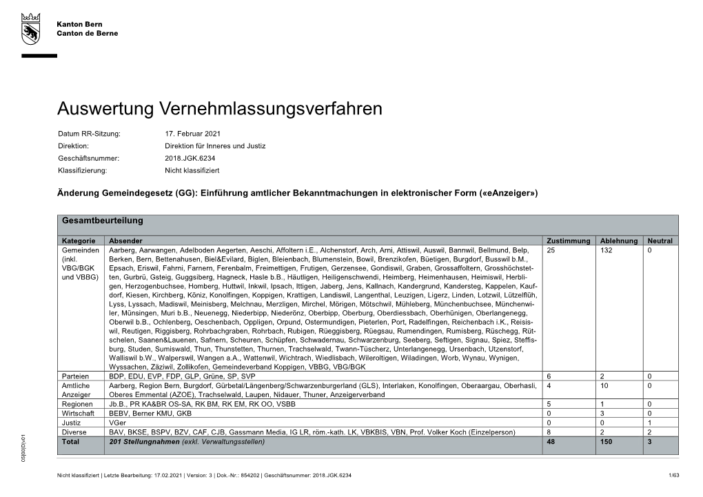 Auswertung Vernehmlassungsverfahren