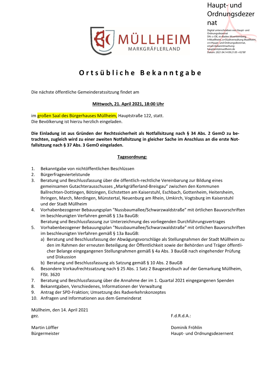 Entwurf Tagesordnung Gemeinderat Am 07