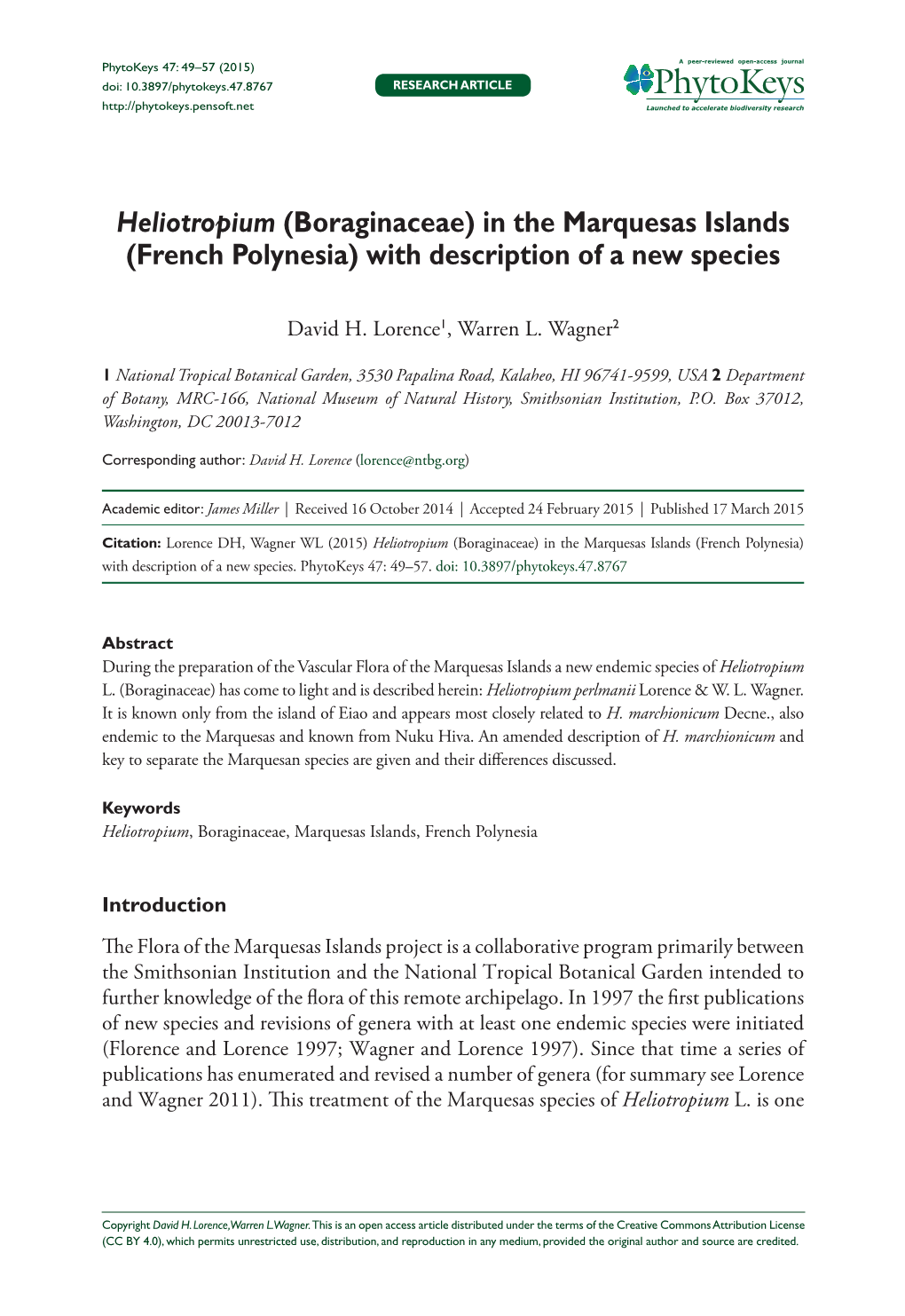 Heliotropium (Boraginaceae) in the Marquesas Islands (French Polynesia) with Description of a New Species